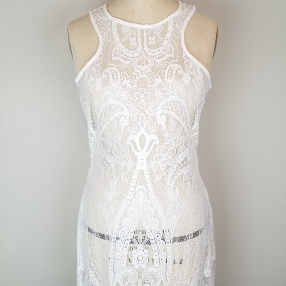 Victorian Style Sheer White Lace Dress with Long Fringe Trim and Racerback Style - Picture 2 of 10